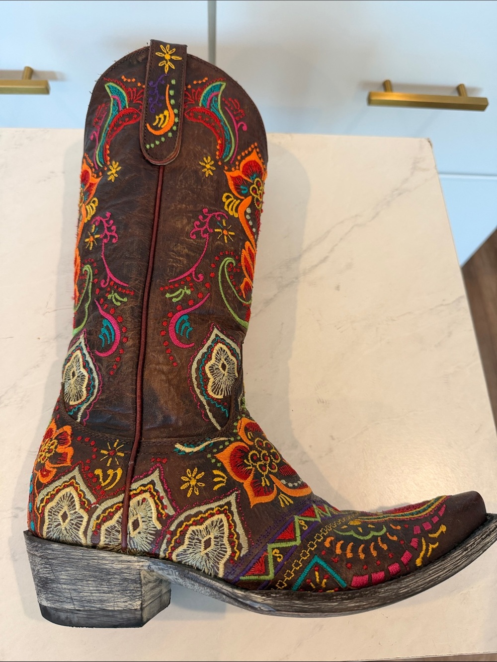 Old Gringo Brown Leather Western Boots with Multicolor Floral Embroidery - Picture 6 of 13